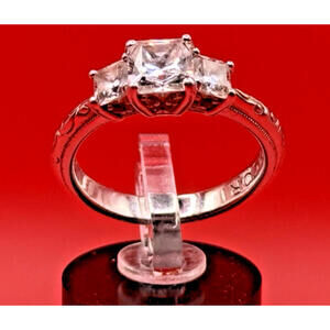 Sterling Silver CZ Ring Tacori Three Stone Round Cut Size 8 Prong Setting